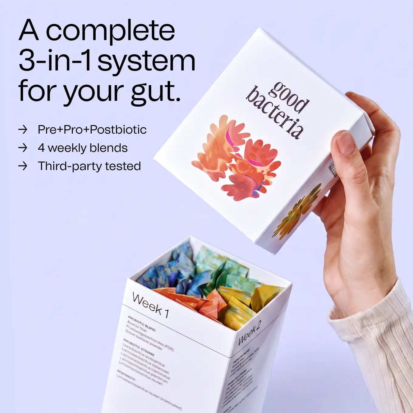 A hand holds a white box labeled 'good bacteria' above an open white storage container filled with colorful pre- and postbiotic supplement packets. Text on the left reads 'A complete 3-in-1 system for your gut.